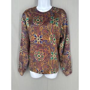 90s Vintage Top Womens Large Yellow Paisley Satin Boho Psychedelic Bohemian